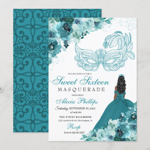 Convite Teal Green Princess Mascarada Sweet 16