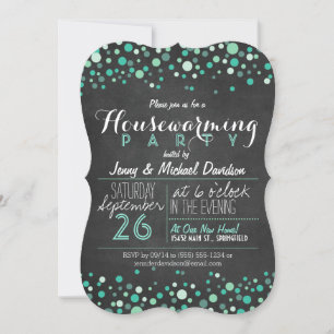 Convite Teal Green Retro Chalkboard Housearming Party