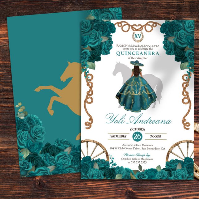 Convite Teal Green - Rosa Western Charro Quince (Criador carregado)