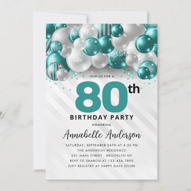 Convite Teal Green Silver Balloon Glitter 80 Aniversário (Frente)