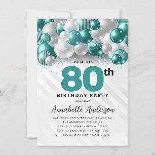 Convite Teal Green Silver Balloon Glitter 80 Aniversário