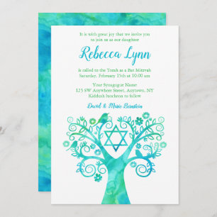 Convite Teal Green Watercolor Tree of Life Bat Mitzvah