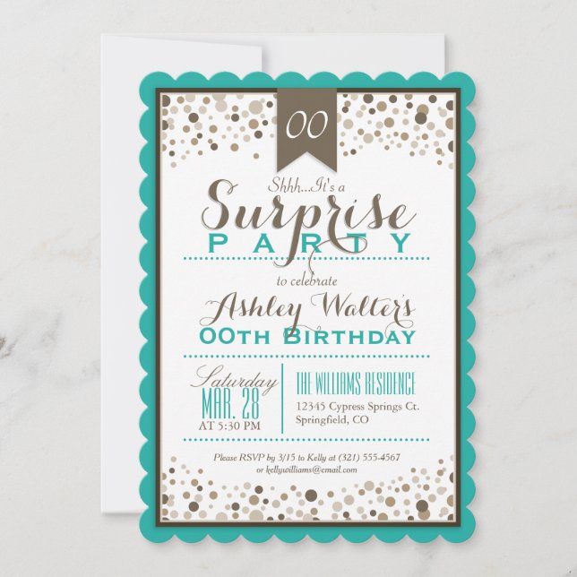 Convite Teal Green, White, Taupe Surprise Party (Frente)