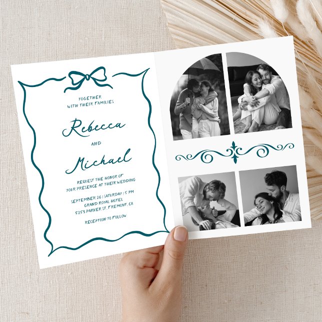Convite Teal Hand Drawn Bow QR Code Photo Wedding (Criador carregado)