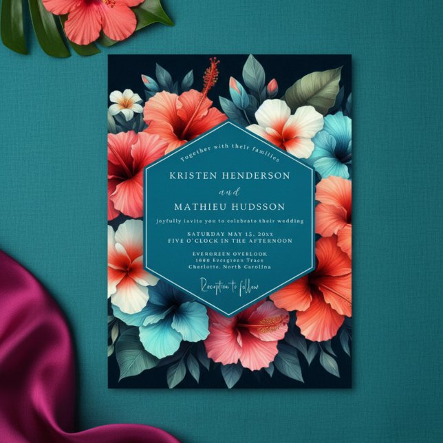 Convite Teal Hibiscus Bloom Romance Wedding (Criador carregado)