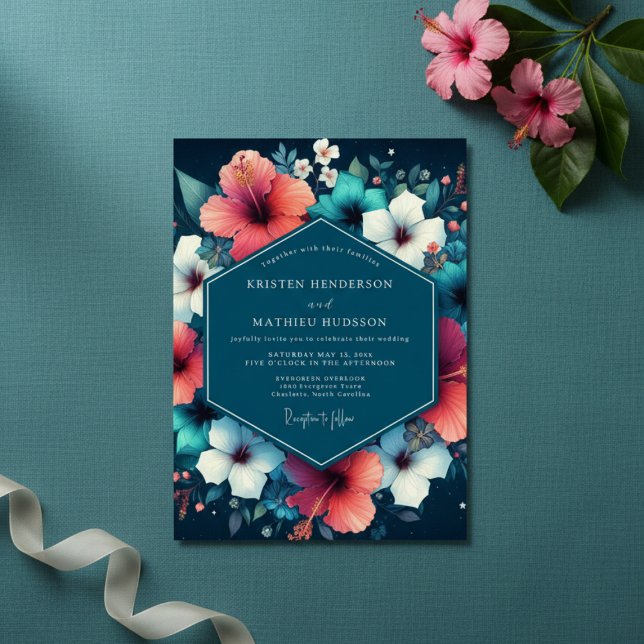 Convite Teal Hibiscus Bloom Wedding (Criador carregado)