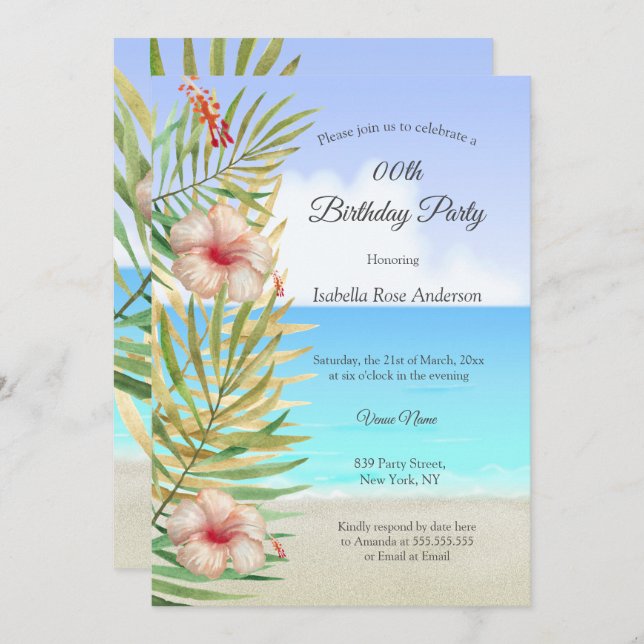 Convite Teal hibiscus tropic Palm Beach Festa de aniversár (Frente/Verso)