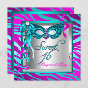 Convite Teal Hot Pink Zebra Mascarada Sweet 16 XVI