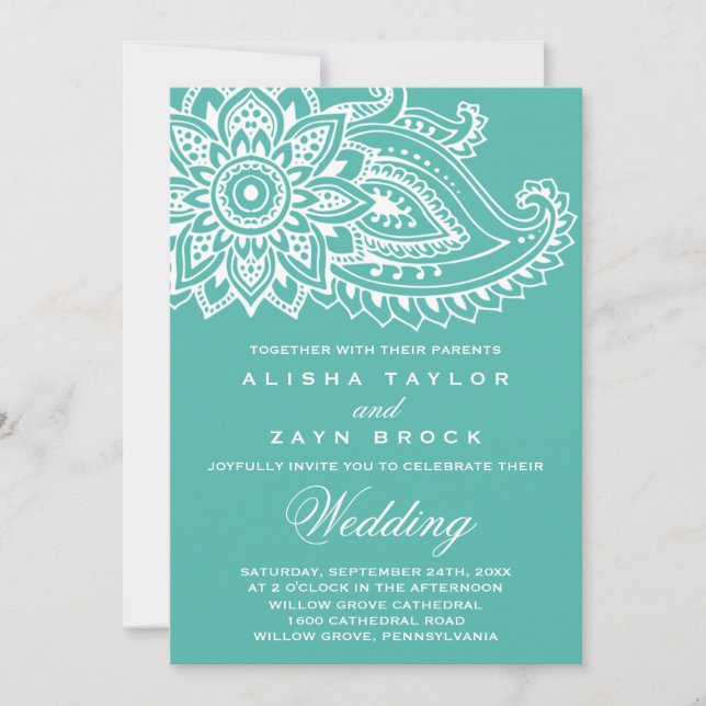 Convite Teal Indian Paisley Wedding (Frente)