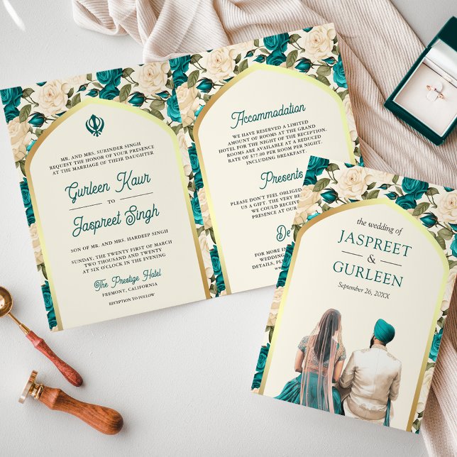 Convite Teal Ivory Floral Tudo em Um Casamento Sikh (Criador carregado)