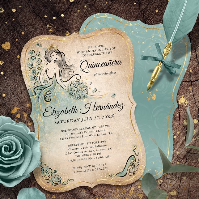 Convite Teal Light Sage Seafoam Gold Princess Birthday (Unique seafoam sage green gold princess birthday invitations that will bring your fairytale to life!)