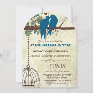 Convite Teal Love Birds Sitting In a Tree Wedding Invite