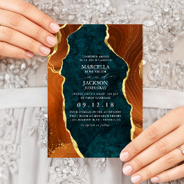 Convite Teal Marble, Laranja Queimado E Agato Dourado