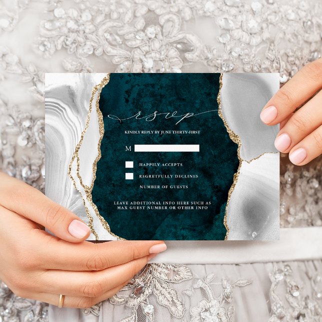 Convite Teal Marble, RSVP de Casamento de Agato Branco e D (Criador carregado)