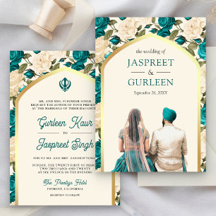 Convite Teal Marfim Floral Punjabi Anand Karaj Casamento S
