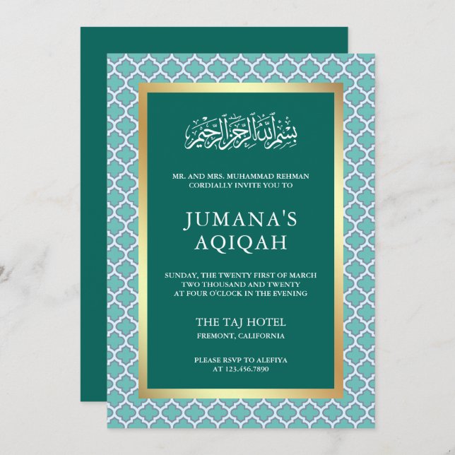 Convite Teal Marroquino Quatrefoil Patterno Islâmico Aqiqa (Frente/Verso)