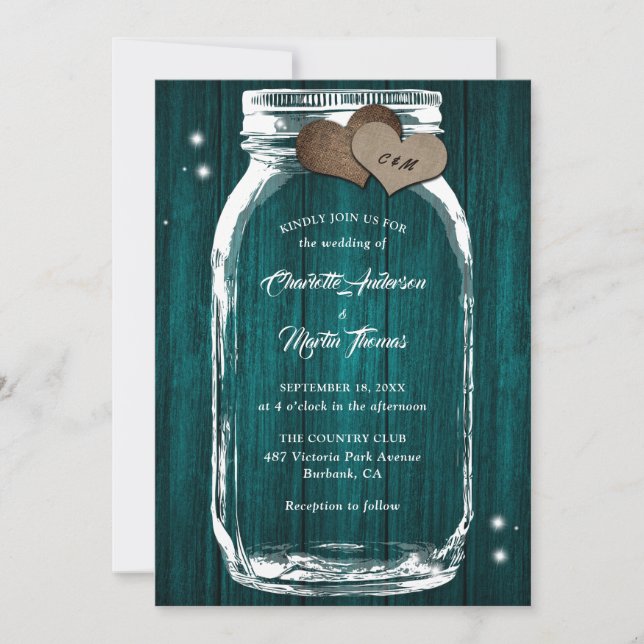 Convite Teal Mason Jar Burlap Hearts Barn Wood Casamento (Frente)