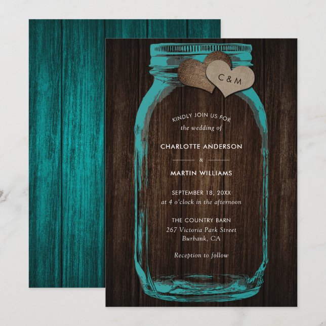 Convite Teal Mason Jar Wood Monogram Burlap Hearts Wedding (Frente/Verso)