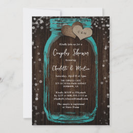 Convite Teal Mason Jar Wood Rustic Couples Shower