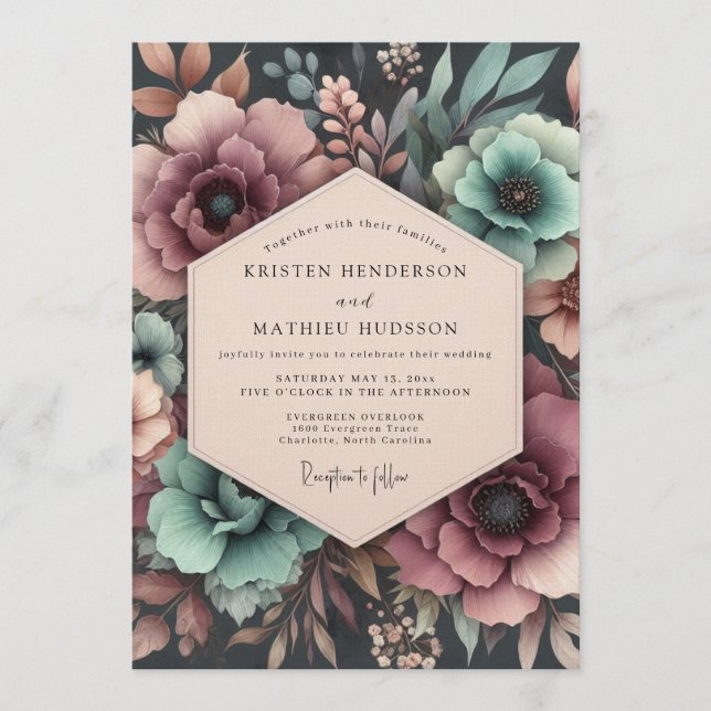 Convite Teal & Mauve Moody Bloom Wedding (Frente)