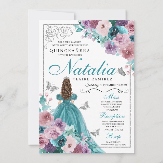 Convite Teal & Mauve Ocean Sunset Princess Quinceanera (Frente)