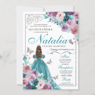 Convite Teal & Mauve Ocean Sunset Princess Quinceanera