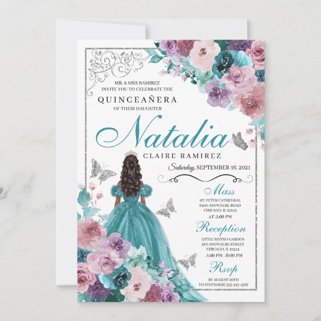 Convite Teal & Mauve Ocean Sunset Princess Quinceanera (Frente)