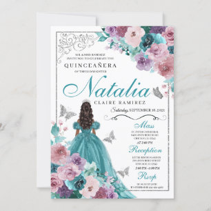 Convite Teal & Mauve Ocean Sunset Princess Quinceanera