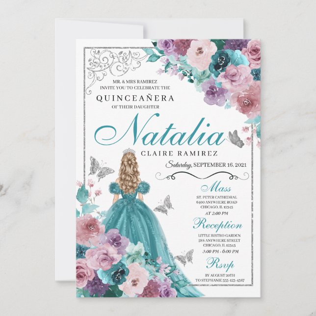 Convite Teal & Mauve Ocean Sunset Princess Quinceanera (Frente)