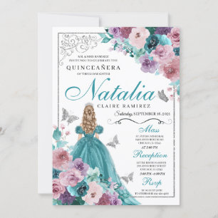 Convite Teal & Mauve Ocean Sunset Princess Quinceanera