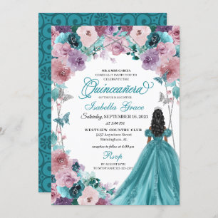 Convite Teal & Mauve Sunset Quinceanera Princess