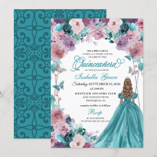 Convite Teal & Mauve Sunset Quinceanera Princess