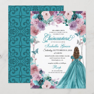 Convite Teal & Mauve Sunset Quinceanera Princess
