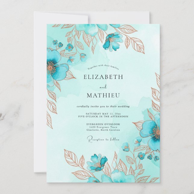 Convite Teal Metallic Watercolor Coastal Wedding (Frente)