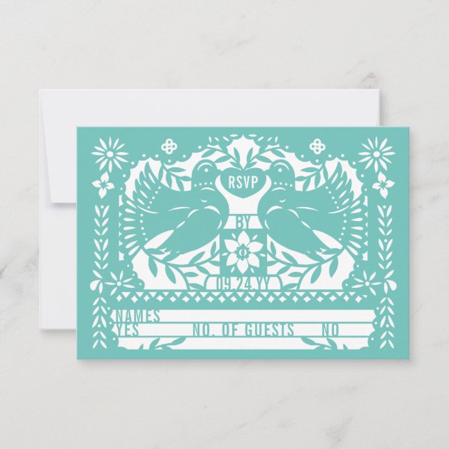 Convite Teal Mexicano Fantail Doves Papel Picado RSVP (Frente)