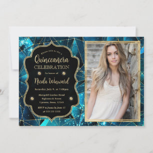 Convite Teal Midnight Crystal Galaxy Quinceanera