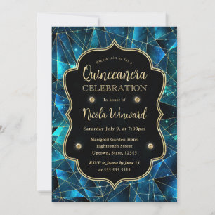 Convite Teal Midnight Crystal Galaxy Quinceanera