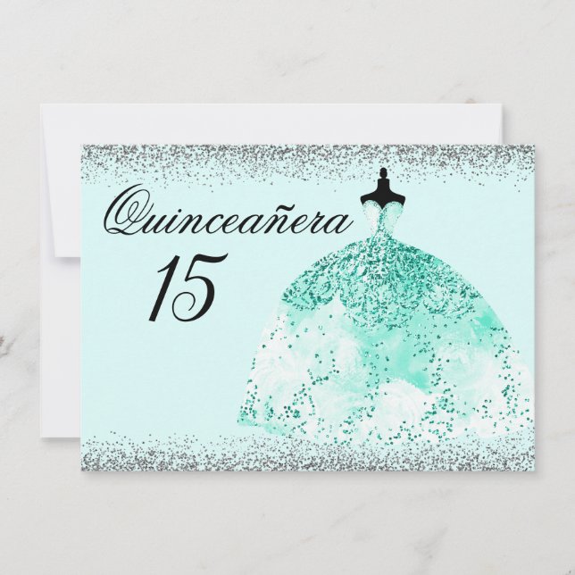 Convite Teal Mint Dress Silver Glitter Quinceanera (Frente)