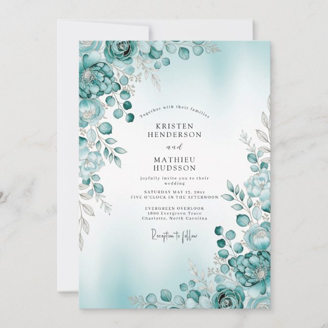 Convite Teal Misty Botanical Winter Wedding (Frente)