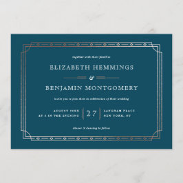 Convite Teal Modern Art Deco Rosa Gold Foil Border Casamen