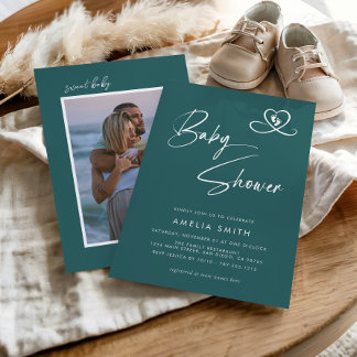 Convite Teal Modern Script Baby Shower Photo