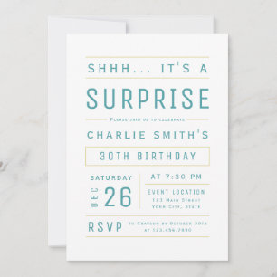 Convite Teal Modern Simple Typografia Surpresa Aniversário