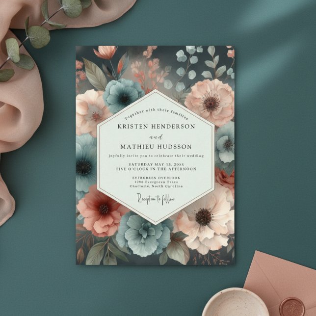 Convite Teal Moody Bloom Romance Wedding (Criador carregado)