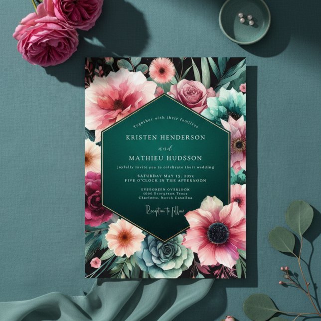 Convite Teal Moody Floral Elegance Wedding (Criador carregado)