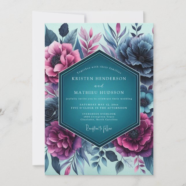 Convite Teal Moody Floral Romance Wedding (Frente)