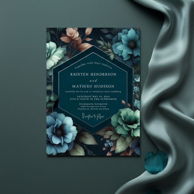 Convite Teal Moody Floral Romance Wedding (Criador carregado)