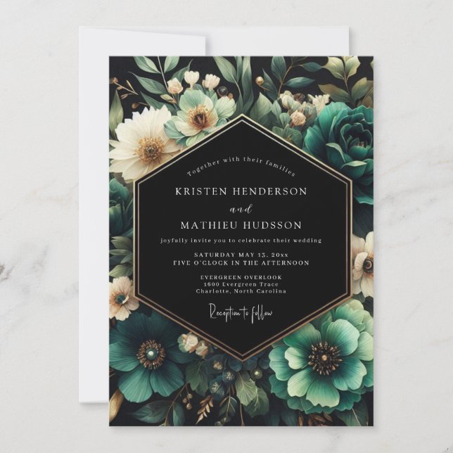 Convite Teal Moody Floral Wedding (Frente)