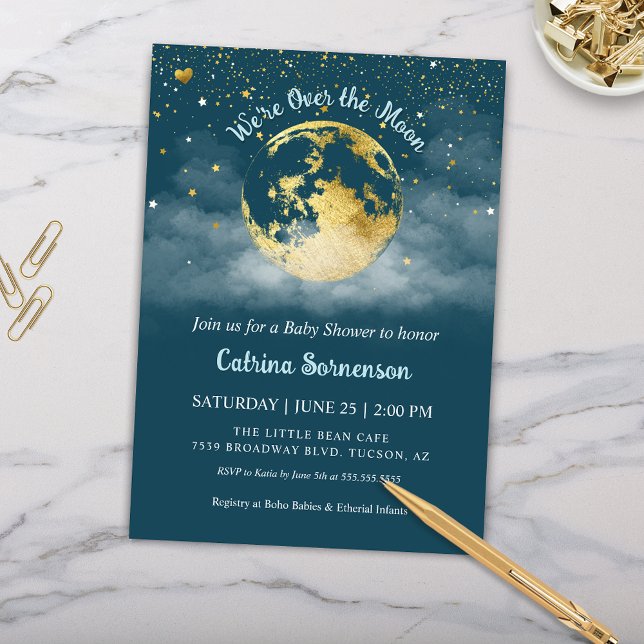 Convite Teal Moon e Stars Dourado Chá de fraldas Celestial (Teal Aqua and Gold Over the Moon Baby Shower Invitation Gender Neutral Celestial Theme)