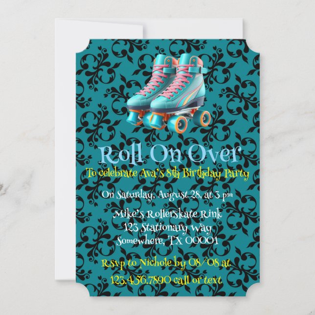 Convite Teal Neon Rollerskate Festa de aniversário (Frente)