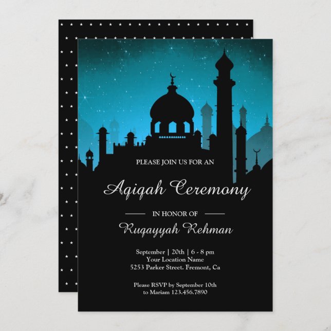 Convite Teal Night Sky Arabian Nights Aqiqah (Frente/Verso)